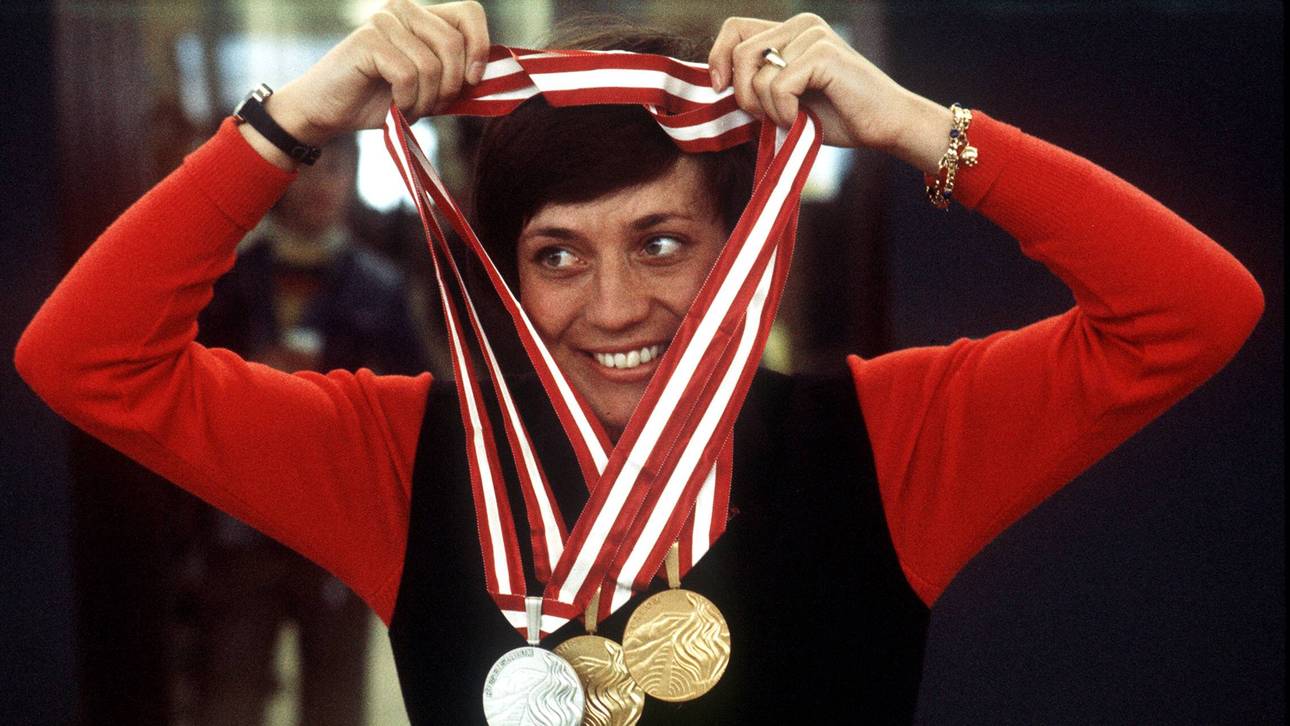 Rosi Mittermaier holte bei den Olympischen Spielen 1976 in Innsbruck drei Medaillen