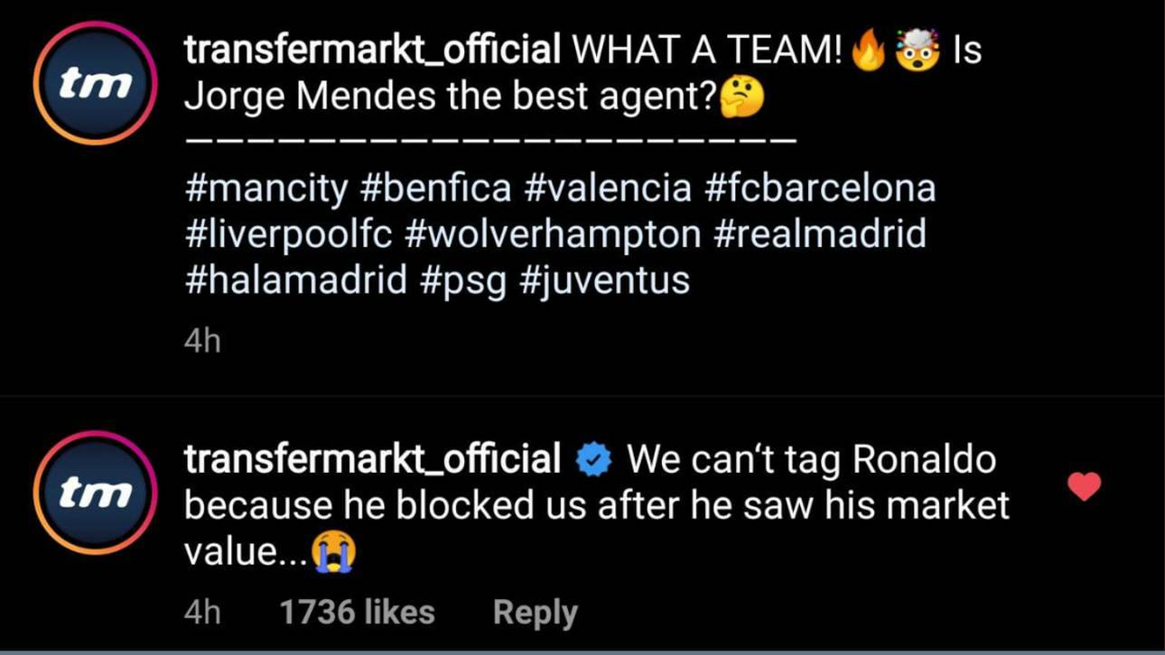 Transfermarkt gibt auf Instagram bekannt, dass Ronaldo den Kanal geblockt hat