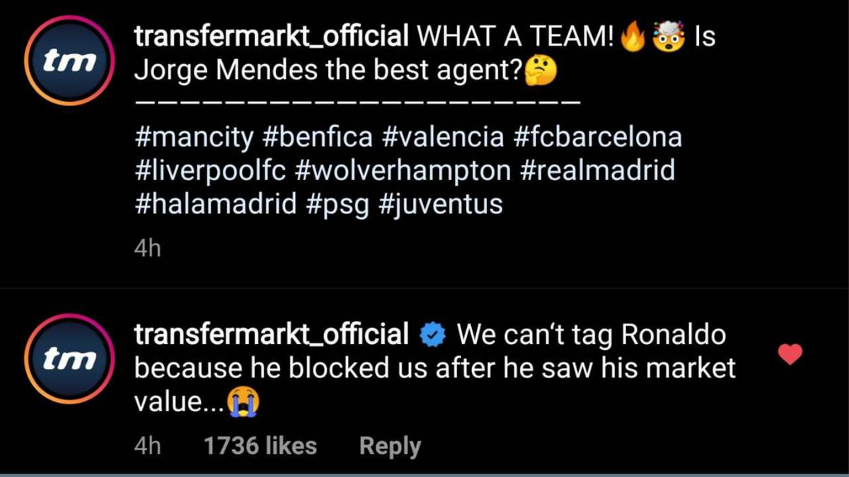 Transfermarkt gibt auf Instagram bekannt, dass Ronaldo den Kanal geblockt hat