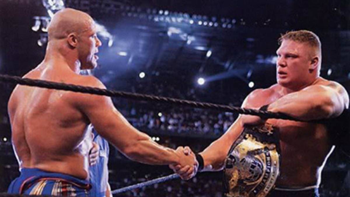 WRESTLEMANIA X9: BROCK LESNAR besiegt KURT ANGLE. 2003 erobert ein aufstrebendes Phänomen die große Wrestling-Bühne: Brock Lesnar besiegt Kurt Angle, Ringer-Olympiasieger 1996, und wird WWE-Champion - ehe er im Jahr darauf WWE überraschend verlässt und versucht, NFL-Profi zu werden