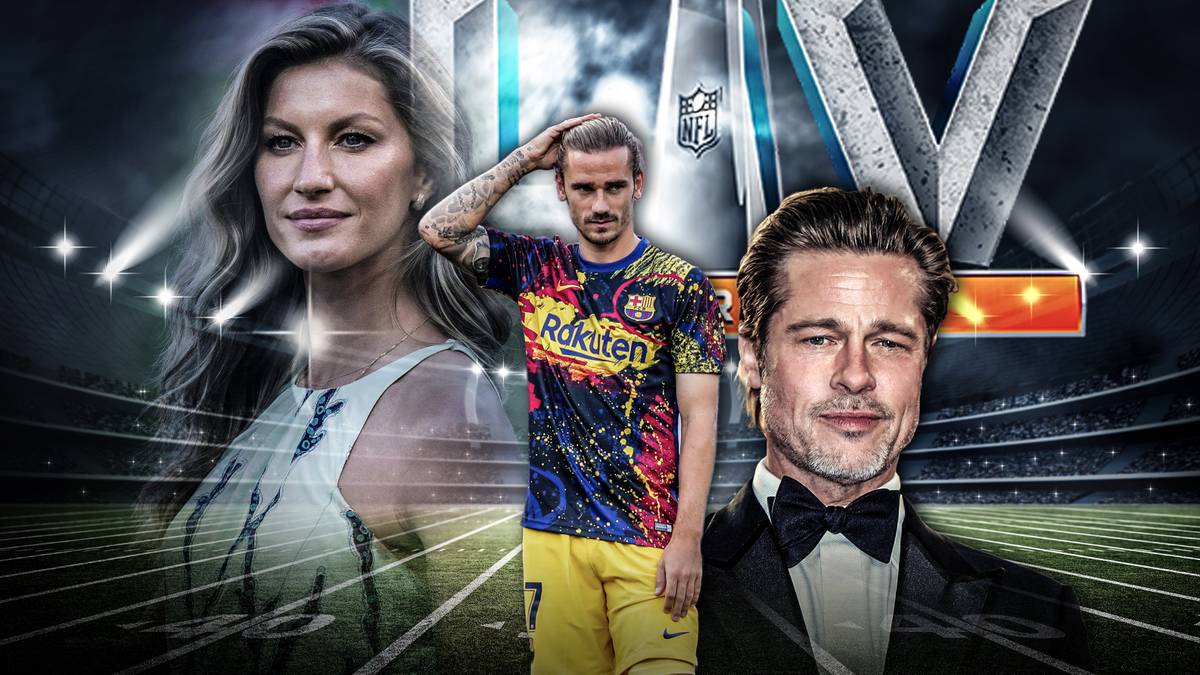 Brad Pitt (r.) feuert beim Super Bowl LV zwischen den Tampa Bay Buccaneers und den Kansas City Chiefs die Chiefs an. Welcher Promi hält zu welchem Team? SPORT1 zeigt die VIP-Fans zum Super Bowl