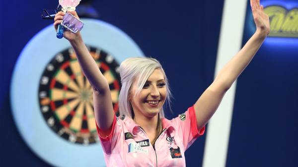 LONDON, ENGLAND - DECEMBER 27: Fallon Sherrock of England acknowledges the crowd after defeat in her third round match against Chris Dobey of England on Day 12 of the 2020 William Hill World Darts Championship at Alexandra Palace on December 27, 2019 in London, England. (Photo by Jordan Mansfield/Getty Images)
