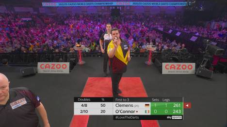 Gabriel Clemens begeistert bei seinem Auftritt im Ally Pally - und wird gegen William O'Conor immer wieder lautstark von deutschen Fangesängen unterstützt.