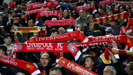 LIVERPOOL, ENGLAND - OCTOBER 02: Fans show their support during the UEFA Champions League group E match between Liverpool FC and RB Salzburg at Anfield on October 02, 2019 in Liverpool, United Kingdom. (Photo by Clive Brunskill/Getty Images)