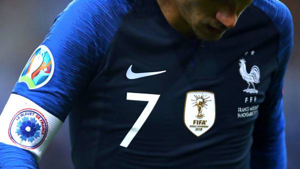 PARIS, FRANCE - NOVEMBER 14:  A detailed view of the shirt worn by Antoine Griezmann of France during the UEFA Euro 2020 Qualifier between France and Moldova held at Stade de France on November 14, 2019 in Paris, France.  (Photo by Dean Mouhtaropoulos/Getty Images)