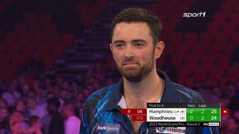 Luke Humphries setzt sich mit 3:0 nach Sätzen im Achtelfinale des Darts World Grand Prix gegen Luke Woodhouse durch und steht somit im Viertelfinale.