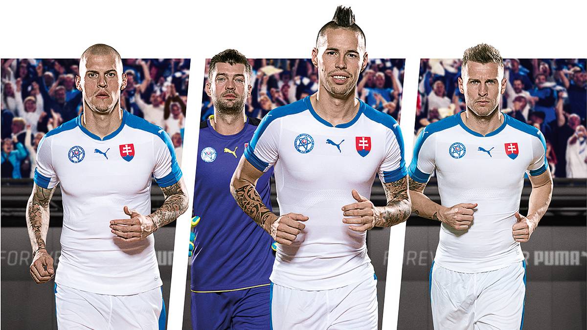 SLOWAKEI: Um im slowakischen Trikot gut auszusehen, muss man im Winter im Fitnessstudio geschwitzt haben. Die weißen Jerseys von Ausrüster Puma sind richtig körperbetont