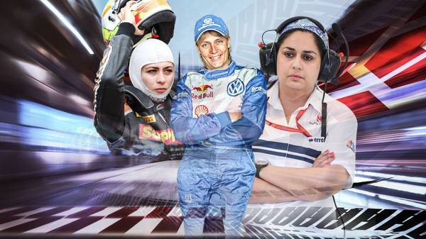 Sophia Flörsch (v.l.), Jutta Kleinschmidt und Monisha Kaltenborn hinterlassen im Motorsport ihre Spuren