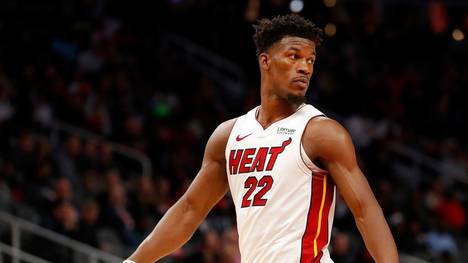 ATLANTA, GEORGIA - OCTOBER 31:  Jimmy Butler #22 of the Miami Heat reacts during the first half against the Atlanta Hawks at State Farm Arena on October 31, 2019 in Atlanta, Georgia.  NOTE TO USER: User expressly acknowledges and agrees that, by downloading and/or using this photograph, user is consenting to the terms and conditions of the Getty Images License Agreement. (Photo by Kevin C. Cox/Getty Images)