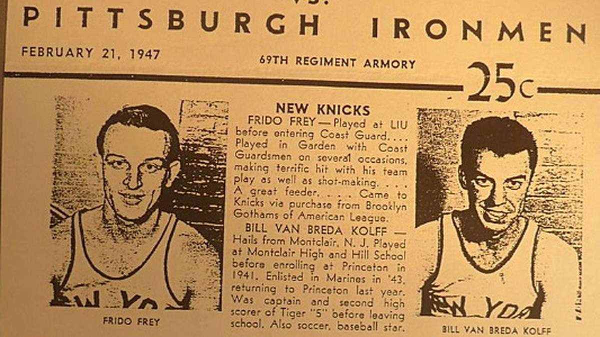 1946, im Gründungsjahr der NBA, läuft der nach Amerika ausgewanderte Frido Frey (l.) in 23 Begegnungen für die New York Knicks auf und erzielt dabei 3,8 Punkte pro Spiel. Er erreicht mit New York die Playoffs, dort ist im Halbfinale gegen die Philadelphia Warriors Schluss. Der Small Forward Frey verstirbt im Jahr 2000