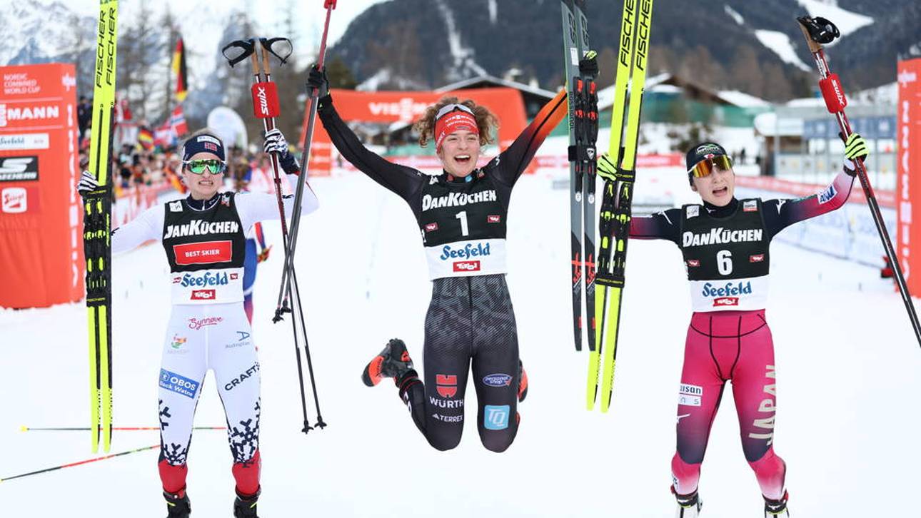 Nathalie Armbruster (Mitte) feiert ihren Sieg