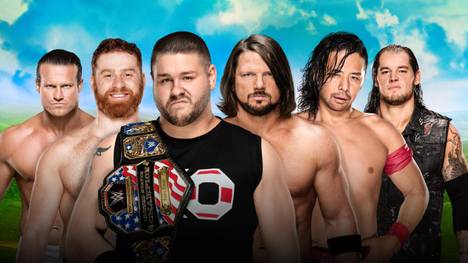 Gegner bei WWE Money in the Bank 2017: Dolph Ziggler, Sami Zayn, Kevin Owens, AJ Styles, Shinsuke Nakamura, Baron Corbin (v.l.)