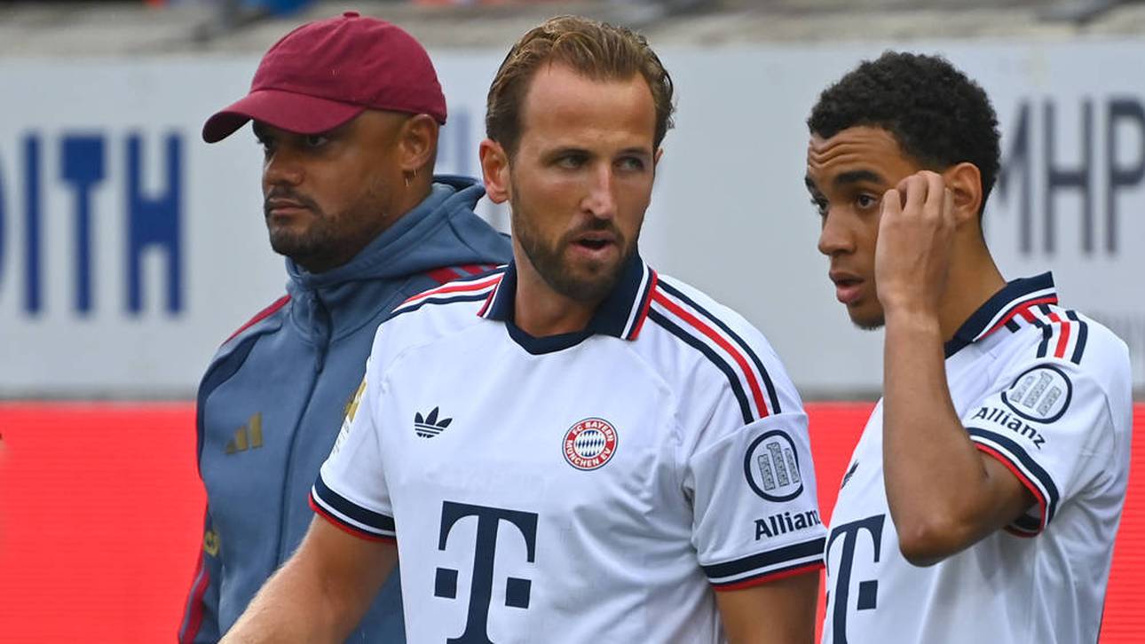 Harry Kane und Jamal Musiala beim Testspiel gegen den 1. FC Heidenheim
