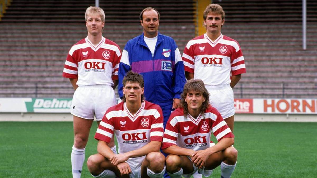 Gerd Roggensack mit seinen FCK-Schützlingen Frank Lelle, Stefan Kuntz, Uwe Scherr und Joachim Stadler (im Uhrzeigersinn)