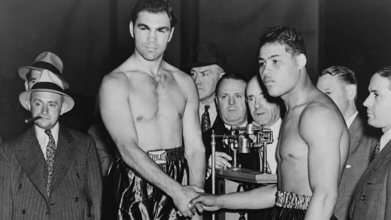 Max Schmeling und Joe Louis beim Wiegen vor ihrem Kampf 1936