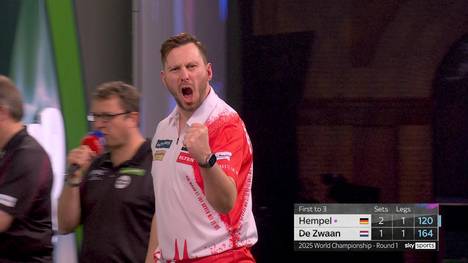 Florian Hempel zeigt in seinem ersten Match der Darts WM 2025 einen starken Auftritt und bezwingt Jeffrey de Zwaan mit 3:1 nach Sätzen. In der zweiten Runde wartet nun Daryl Gurney.