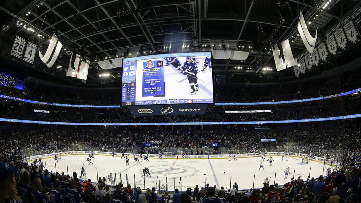 June 30, 2021: View of ice surface during warmups prior to the Montreal Canadiens and Tampa Bay Lightning NHL, Eishockey Herren, USA Stanley Cup Final playoff game 2 at Amalie Arena in Tampa, FL. John Crouch CSM Tampa US - ZUMAc04_ 20210630_zaf_c04_108 Copyright: xJohnxCrouch CalxSportxMediax