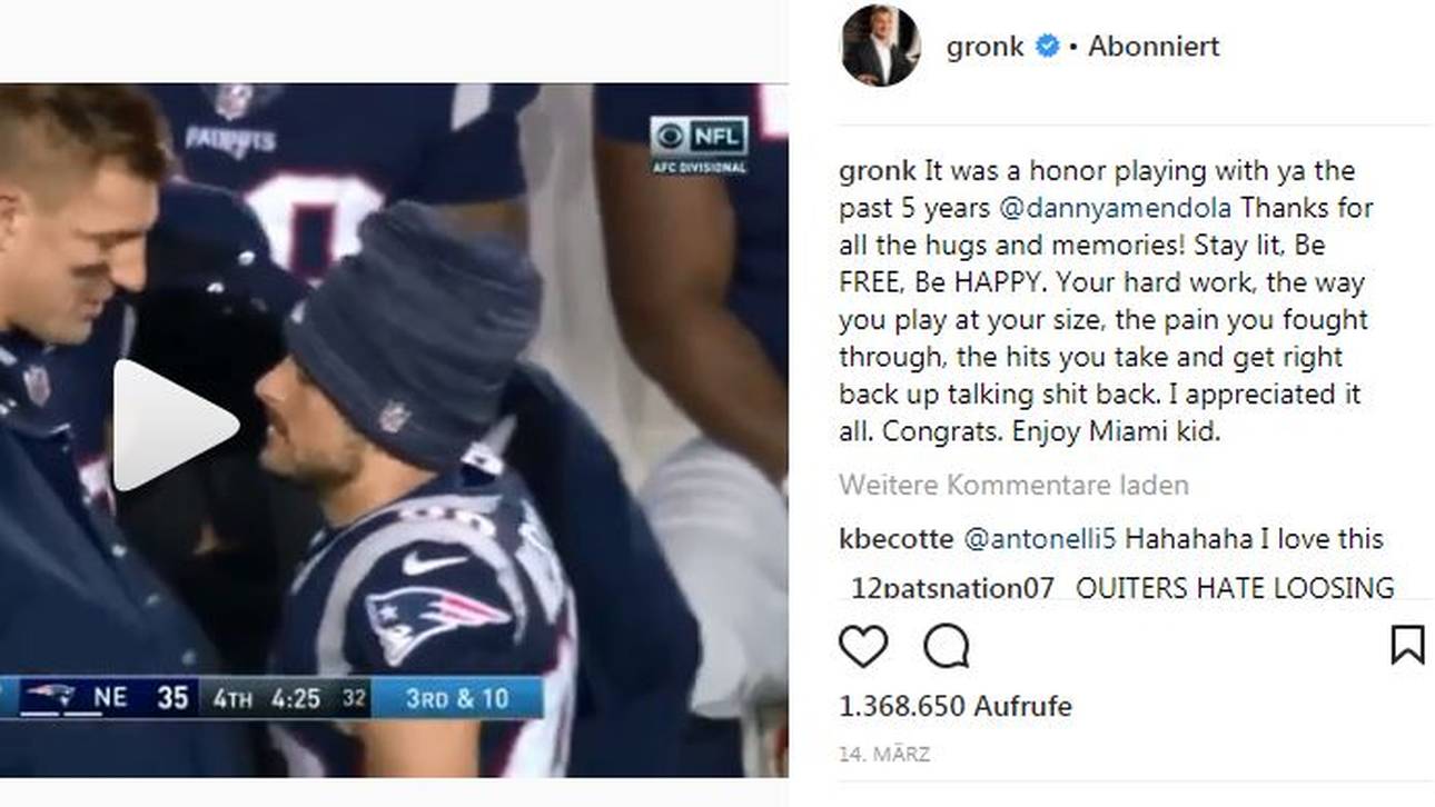 Mit einem emotionalen Post verabschiedete sich Rob Gronkowski von seinem langjährigen Teamkollegen Danny Amendola