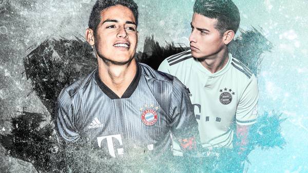 James Rodriguez im neuen Champions-League- (l.) und Auswärts-Trikot (r.) des FC Bayern