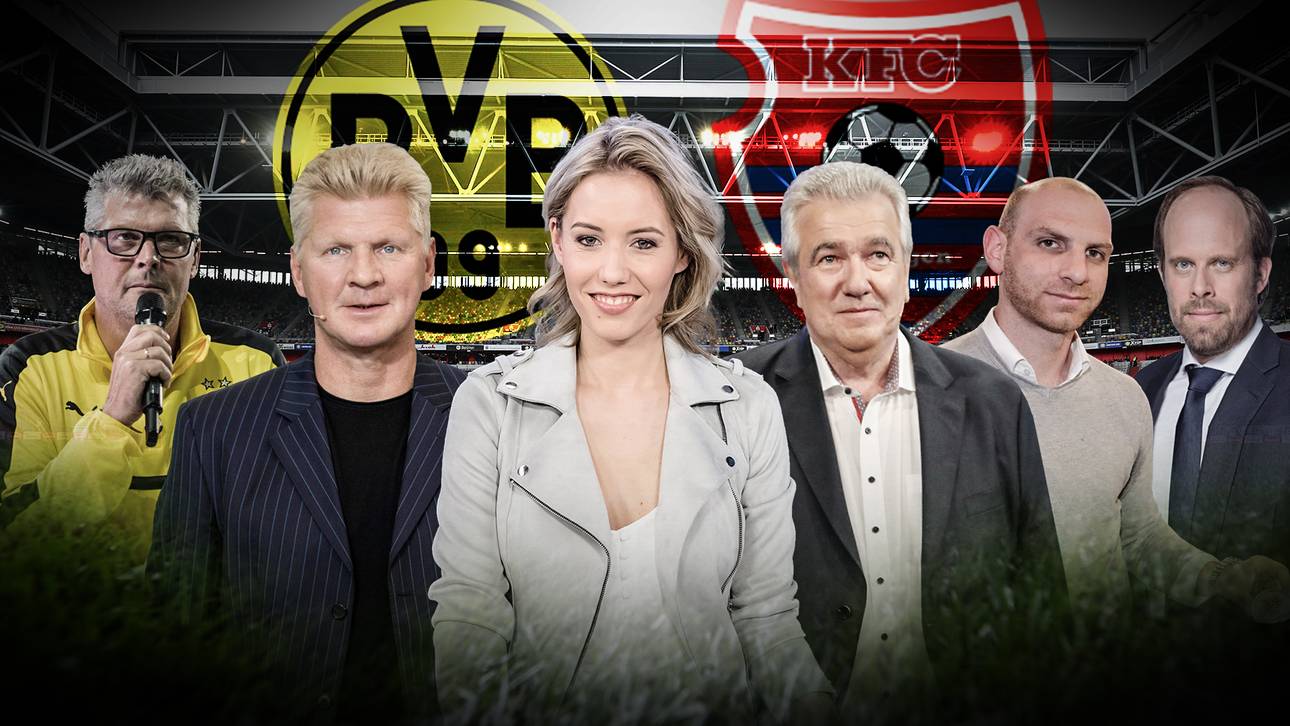Laura Papendick (3.v.l.) und Stefan Effenberg (2.v.l.) werden für SPORT1 beim Spiel Uerdingen gegen Dortmund vor Ort sein