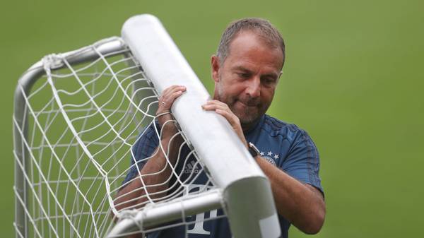 MUNICH, GERMANY - JULY 28:  Assistent coach Hansi Flick of FC Bayern Muenchen carries a small soccer goal during a training session at the club's Saebener Strasse training ground on July 28, 2019 in Munich, Germany. (Photo by Alexandra Beier/Bongarts/Getty Images)