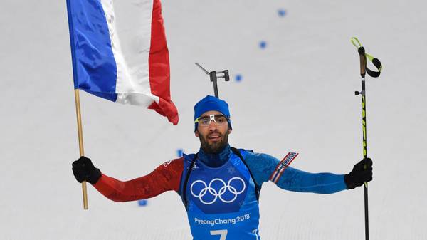 PYEONGCHANG-GUN, SOUTH KOREA - FEBRUARY 20: Martin Fourcade of France wins the gold medal during the Biathlon Mixed Relay at Alpensia Biathlon Centre on February 20, 2018 in Pyeongchang-gun, South Korea. (Photo by Alain Grosclaude/Agence Zoom/Getty Images)