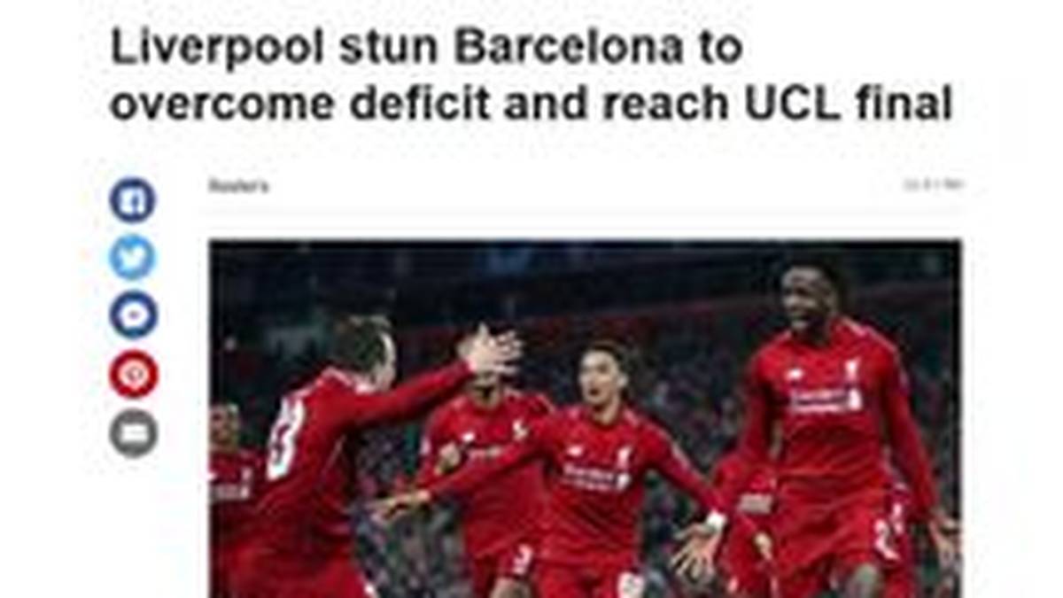 ESPN (USA): "Liverpool produziert eines der größten Comebacks in der Geschichte der Champions League. Zwei Tore von Divock Origi und Joker Georginio Wijnaldum lassen Lionel Messi und Barcelona geschockt hinter sich. Eine Performance voller Leideschaft, Glauben und Entschlossenheit"