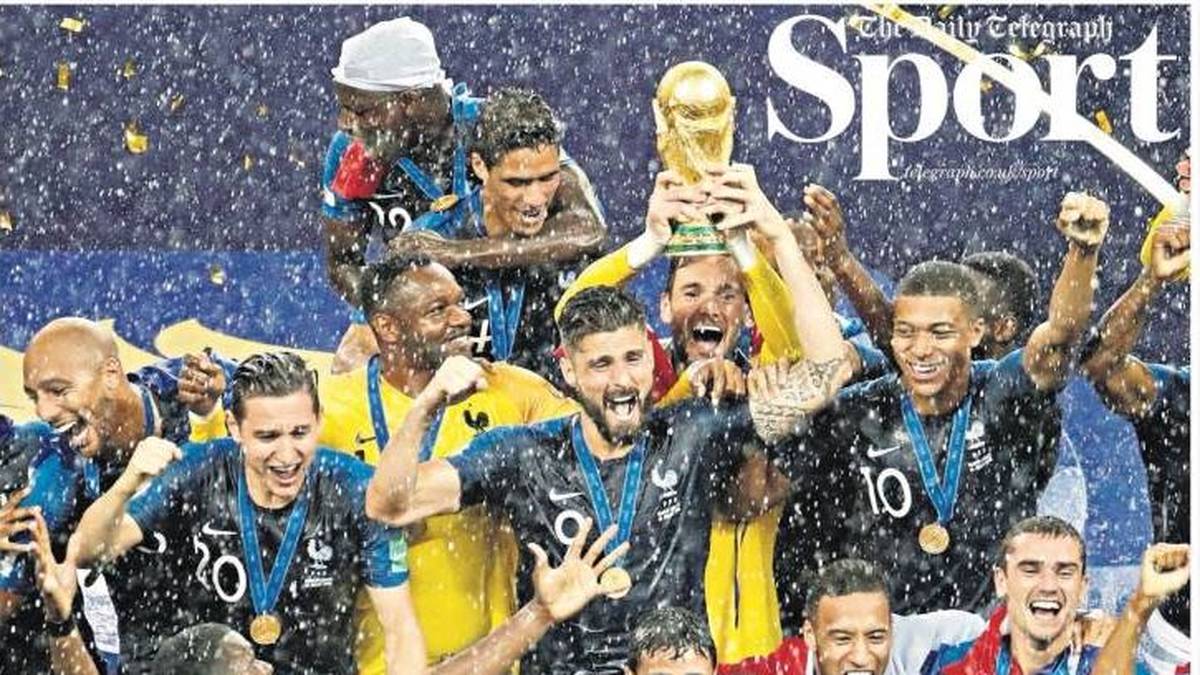 DAILY TELEGRAPH: "Frankreich gewinnt die WM 2018 in einem atemberaubenden Sechs-Tore-Thriller. Kroatien war in der ersten Halbzeit besser, musste aber den Rückstand hinnehmen, als Griezmann mit einer Schwalbe einen Freistoß herausholte"
