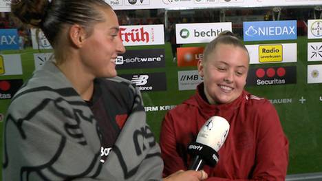 Nach dem 3:2-Sieg der Bayer-Frauen gegen Union Berlin interviewen sich die Teamkolleginnen Carlotta Wamser und Vanessa Fudalla und sorgen für einen lustigen Interview-Moment mit SPORT1-Reporterin Christina Rann.