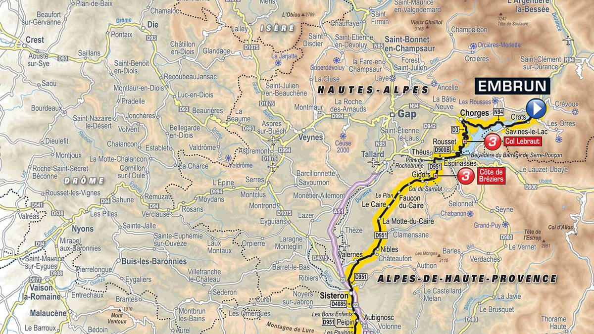 19. Etappe: Embrun - Salon-de-Provence, 222,5 km. Vor dem Kampf gegen die Uhr in Marseille gibt es noch eine Überführungsetappe, die von den Alpen Richtung Meer führt. Obwohl sie als Flachetappe eingestuft ist, werden diese 222,5 Kilometer keinesfalls einfach