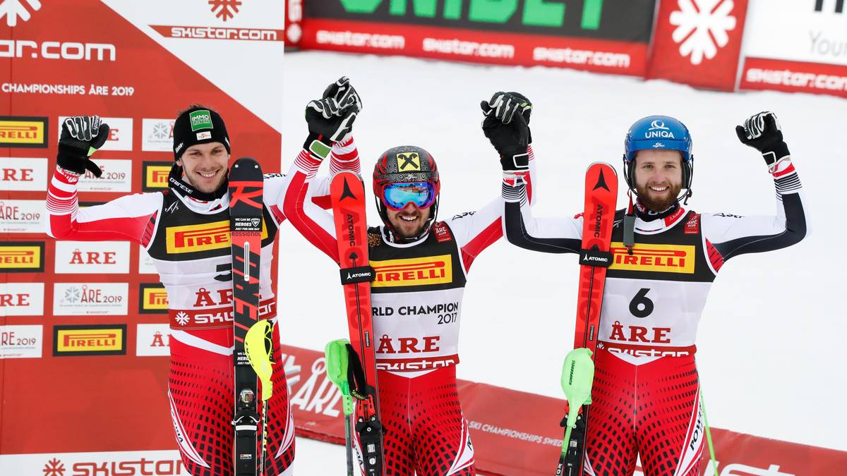 Marcel Hirscher (M.) siegte im Slalom vor Michael Matt (l.) und Marco Schwarz