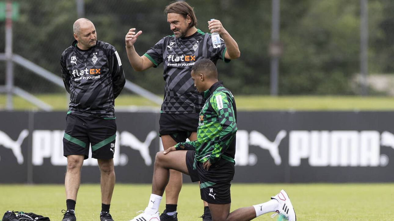 Oliver Neuville (l.) an der Seite von Cheftrainer Daniel Farke und Alassane Plea