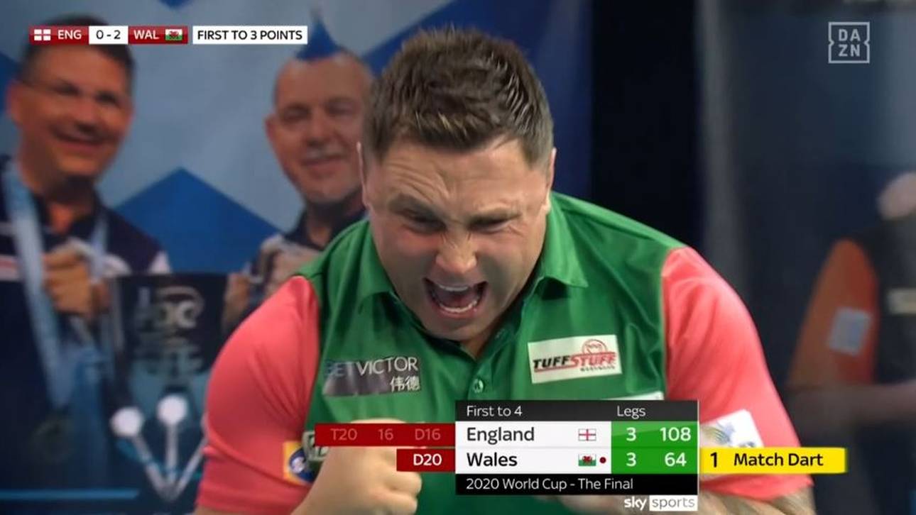 Gerwyn Price schreit nach dem erfolgreichen Matchdart seine Freude hinaus