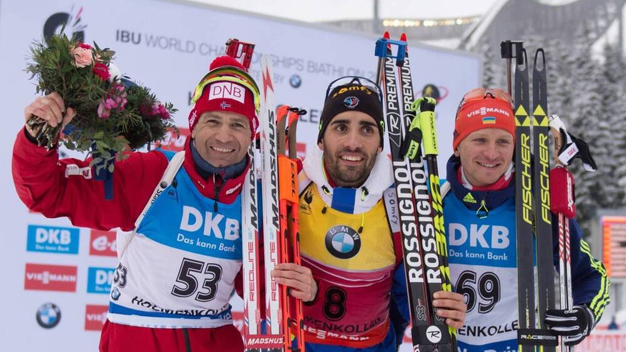 Sergey Semenov (r.) wurde 2016 in Oslo Sprint-Dritter hinter Martin Fourcade (M.) und Ole Einar Björndalen