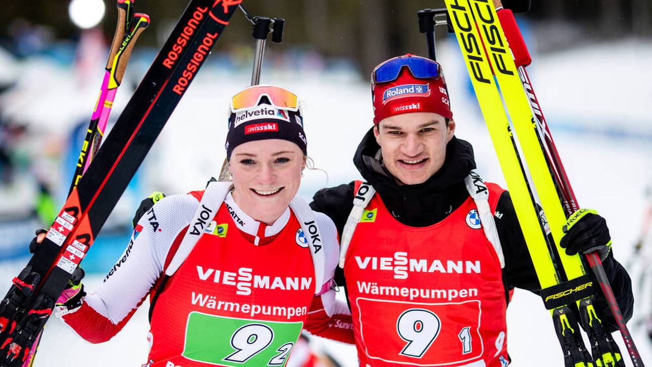 Amy Baserga und Niklas Hartweg liefen für die Schweiz in der Single-Mixed-Staffel von Pokljuka aufs Podest