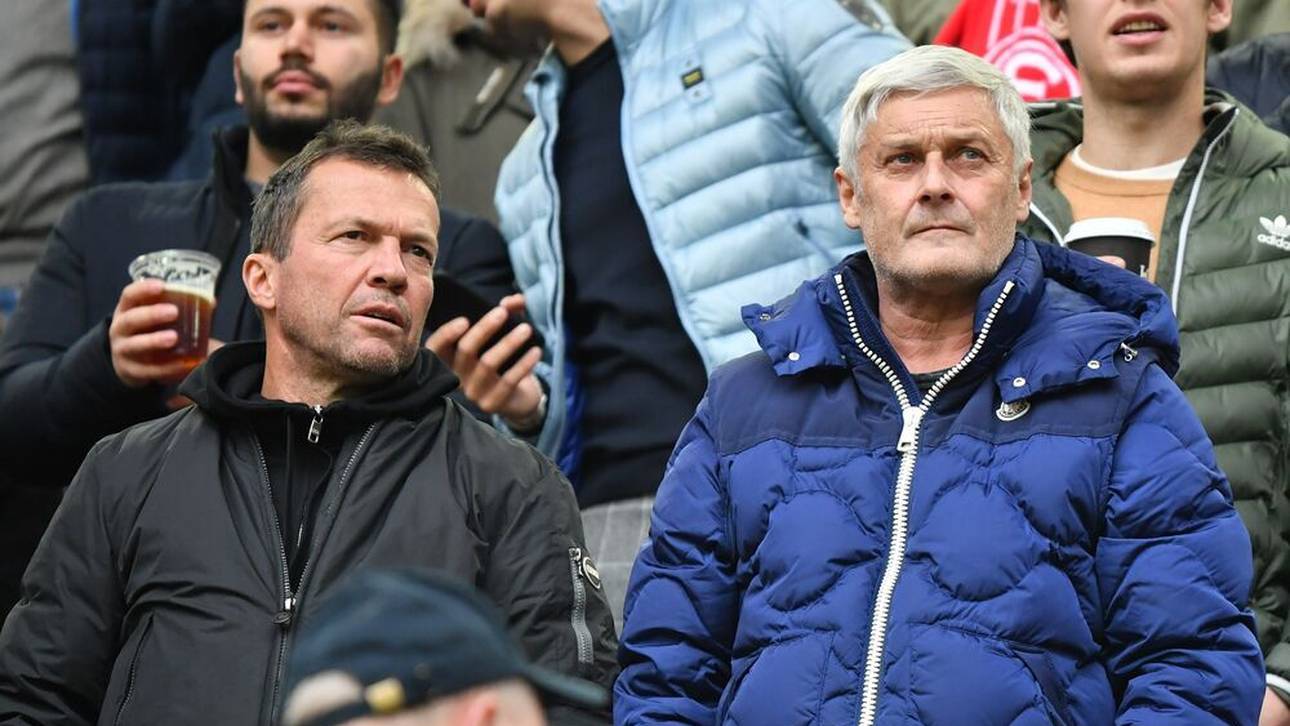 Lothar Matthäus und der damalige Kölner Sportdirektor Armin Veh bei einer Partie des 1. FC Köln auf der Tribüne