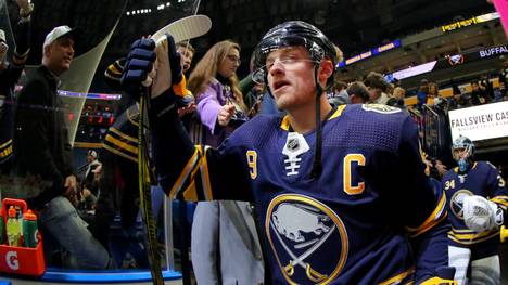 BUFFALO, NY - FEBRUARY 11: Jack Eichel #9 of the Buffalo Sabres takes to the ice for warmups before a game against the Detroit Red Wings at KeyBank Center on February 11, 2020 in Buffalo, New York. (Photo by Timothy T Ludwig/Getty Images)