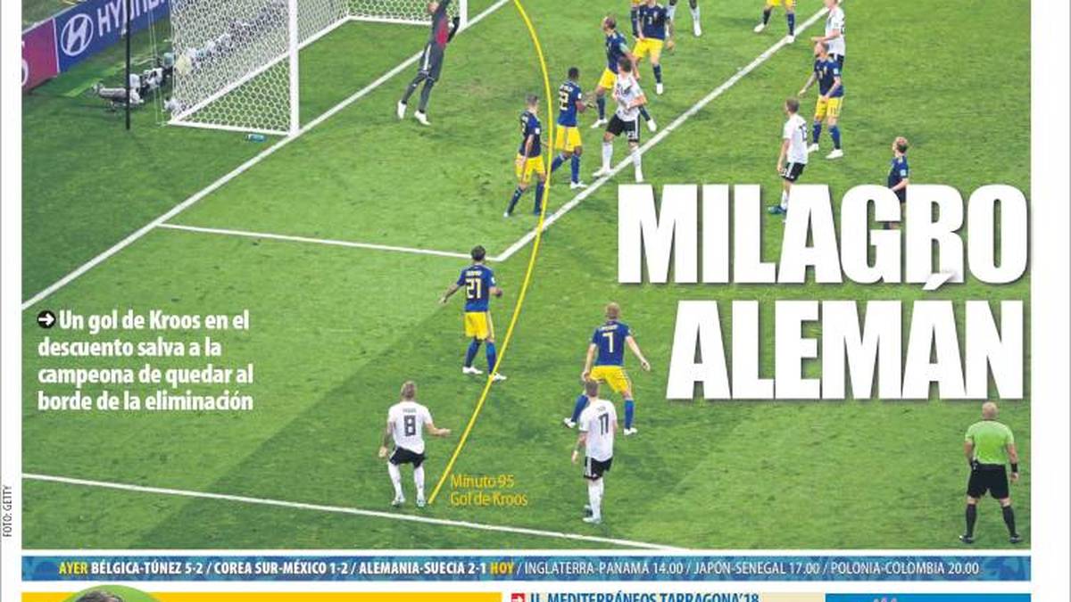 MUNDO DEPORTIVO: "Deutsches Wunder! Ein Traumtor für die Ewigkeit! Toni Kroos schießt in der Nachspielzeit das Tor seines Lebens und steigt in den deutschen Fußball-Olymp auf. Ganz Deutschland brüllte "Tooooooor" bis zur Heiserkeit."