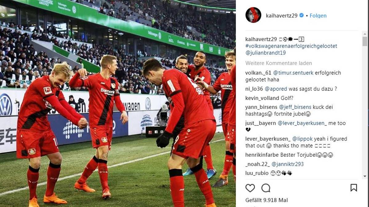 Havertz selber postete auf Instagram ein Bild vom Jubel und schrieb dazu "Volkswagen-Arena erfolgreich gelootet". Unter "looten" versteht man im Gaming-Jargon das Ausbeuten und Leerräumen von Kisten oder Gebäuden, wie es auch in Fortnite nötig ist, um seinen virtuellen Charakter auszustatten