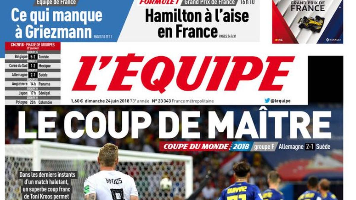 FRANKREICH - L'EQUIPE: "Volltreffer! Das war kein Freistoß, das war ein Messerstich. Ins Herz der Schweden und in die Seele der Deutschen."