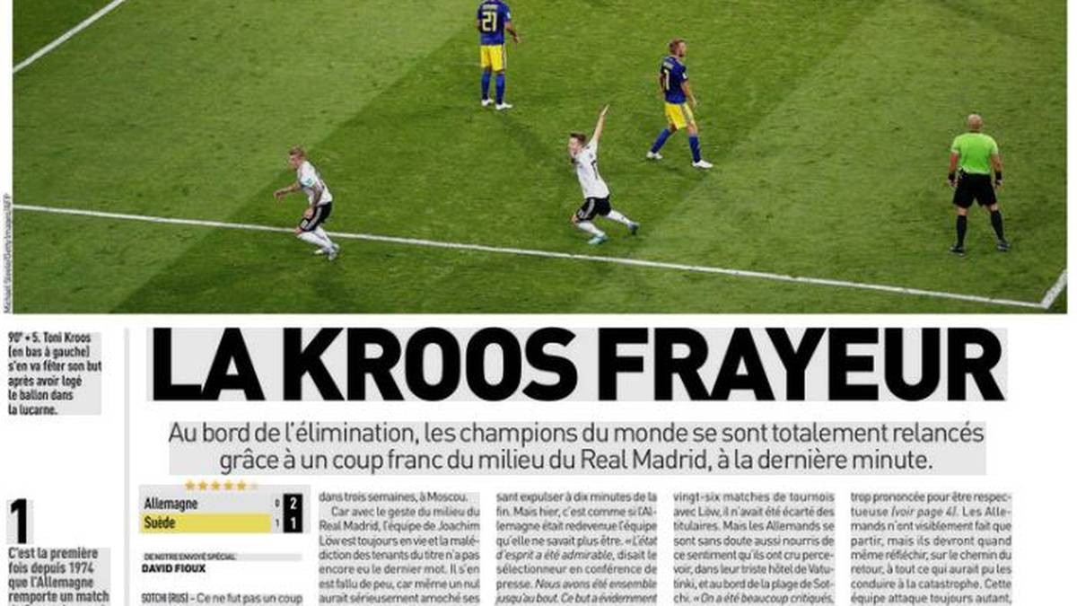 L'EQUIPE: "Der Kroose Schrecken. Die Deutschen hatten ihr Wunder von Bern, jetzt haben sie auch ihr Wunder von Sotschi, das ihnen in drei Wochen in Moskau womöglich ebenfalls einen WM-Titel bescheren könnte."