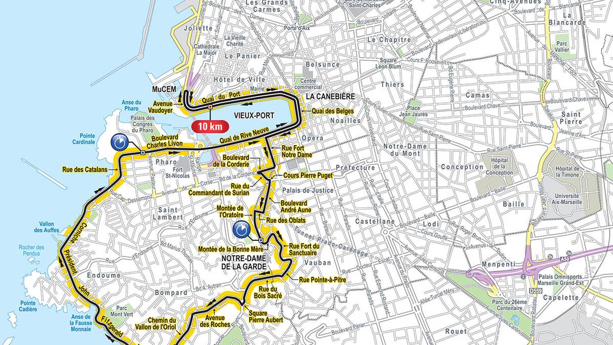 20. ETAPPE (EZF): Marseille -  Marseille, 22,5 km. Showdown in Marseille: Um die Spannung so lange wie möglich hochzuhalten, haben die Veranstalter am vorletzten Tag ein Einzelzeitfahren angesetzt. Für weitere Spannung dürfte der Anstieg hinauf zur "Notre-Dame de la Garde" sorgen