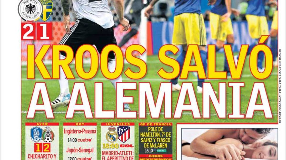 AS: "Deutschland ist immer Deutschland. Ein Hammertor von Toni Kroos in letzter Minute ließ den Weltmeister wiederauferstehen. Reus war kaiserlich. Als Deutschland verzweifelt war, tauchte der Star von Real Madrid auf: Toni Kroos nutzte die letzte Kugel im Revolver."
