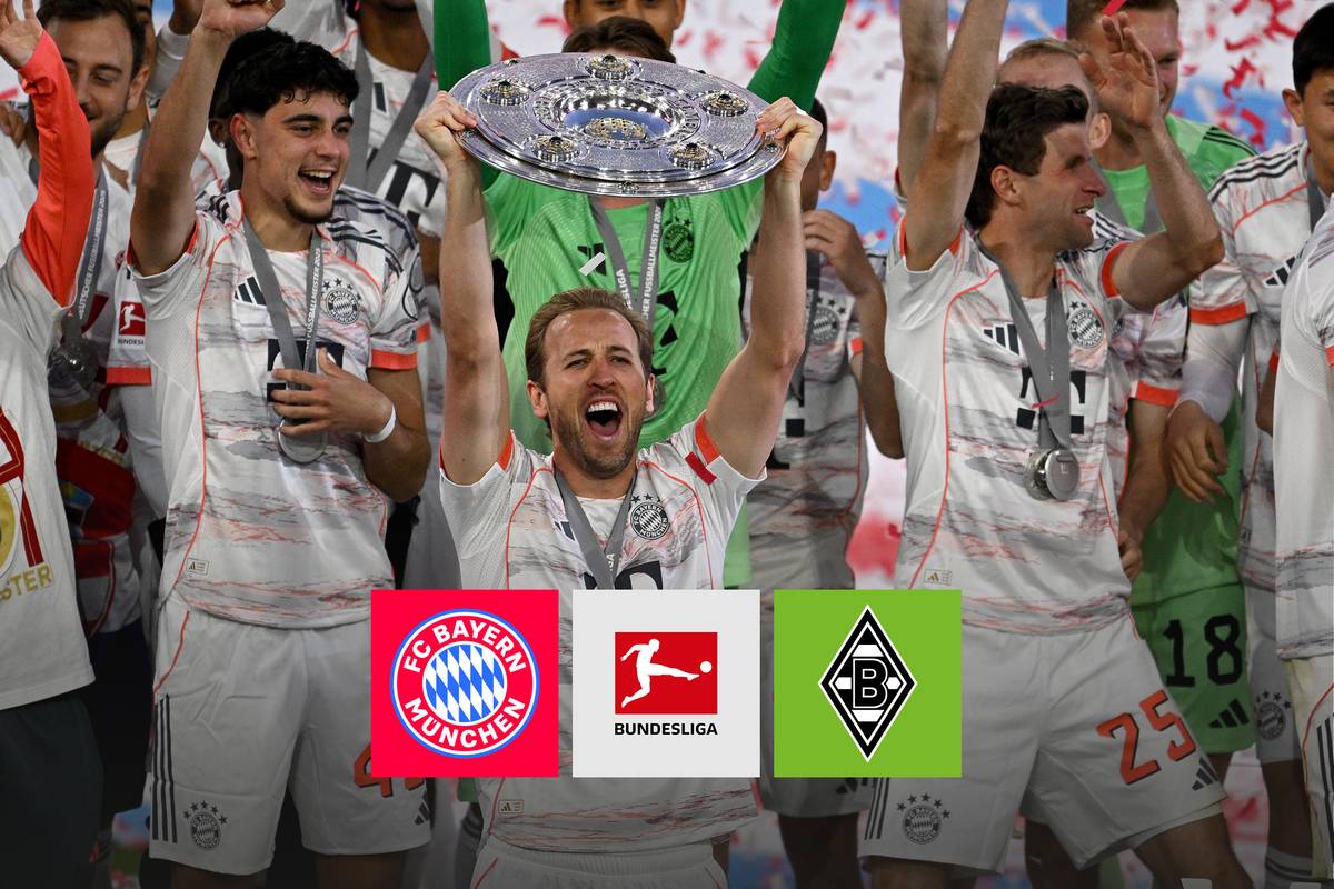 Der FC Bayern bekommt nach dem Heimspiel gegen Gladbach die Meisterschale überreicht. Während Thomas Müller das letzte Mal die Schale in die Luft streckt, ist es für Harry Kane das erste Mal. 