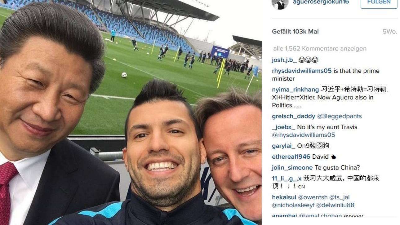 Sergio Agüero (M.) bat im Oktober Chinas Staatschef Xi Jinping (l.) und Premierminister David Cameron zum Selfie