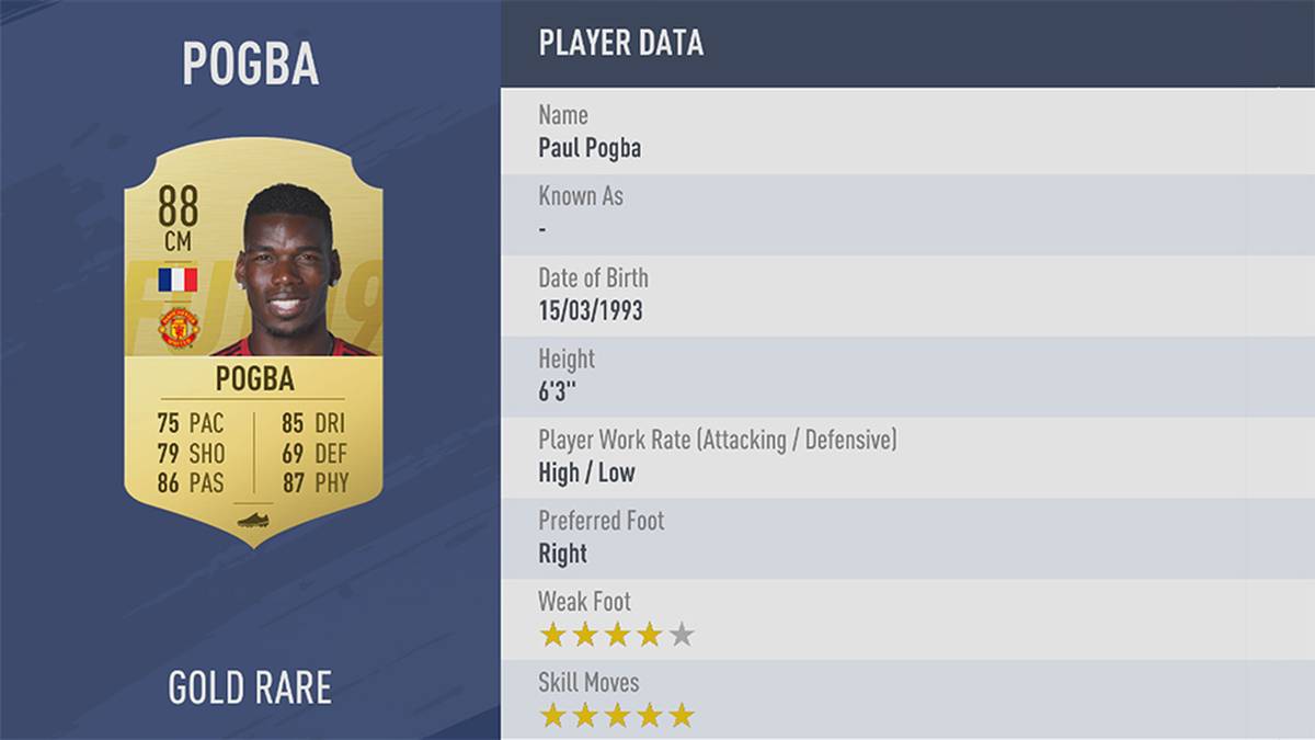 PLATZ 33: PAUL POGBA - STÄRKE 88: Der französische Mittelfeld-Motor von Manchester United wird es auch in FIFA 19 in das ein oder andere Team schaffen. Er glänzt vor allem durch seine Phyisis und sein Passspiel