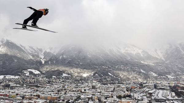 TOPSHOT - Japan's Ryoyu Kobayashi soars through the air during his trainings jump at the third stage of the Four-Hills Ski Jumping tournament (Vierschanzentournee), in Innsbruck, Austria, on January 3, 2019. - The third competition of the Four-Hills Ski jumping event takes place in Innsbruck, before the tournament ends in Bischofshofen (Austria). (Photo by Christof STACHE / AFP)        (Photo credit should read CHRISTOF STACHE/AFP via Getty Images)