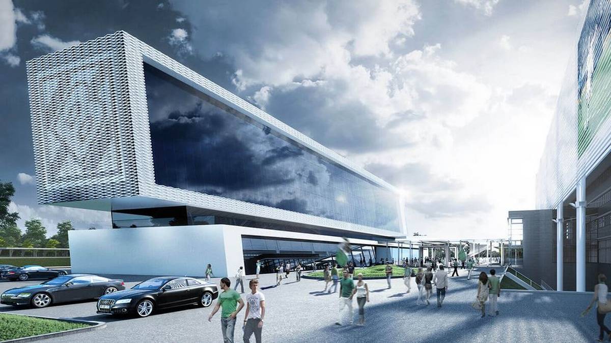 Das Gebäude ist in Anlehnung an das Vereinslogo schräg gehalten. Auf beiden Stirnseiten prangt das Logo der "Fohlen-Elf". Unter dem Sockel "springt" der 1. Stock zurück, wodurch eine Dachterasse entsteht. Der Hauptteil des Gebäudes ragt im Norden und Süden dann um sieben Meter über den Sockel hinaus