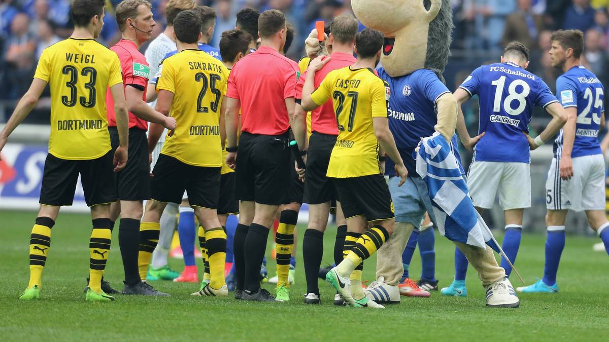 Schalkes Maskottchen Erwin ist sauer. Er geht zum Unparteiischen und zeigt diesem die Rote Karte