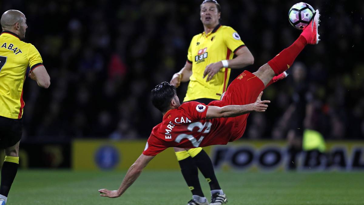 1. MAI 2017: Mit einem traumhaften Fallrückzieher sorgt Emre Can für Liverpools Sieg gegen Watford. "Das ist das beste Tor meiner Karriere", so der deutsche Nationalspieler 